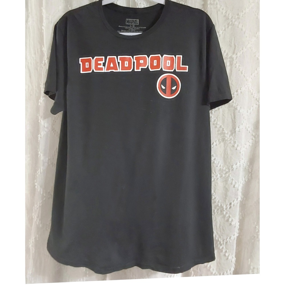 Marvel Deadpool Mens Large Black Graphic T-Shirt Front Back Print Cotton Tee